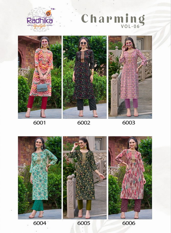 Charming Vol 6 By Radhika Modal Chanderi Work Designer Kurtis Wholesale Price In Surat
